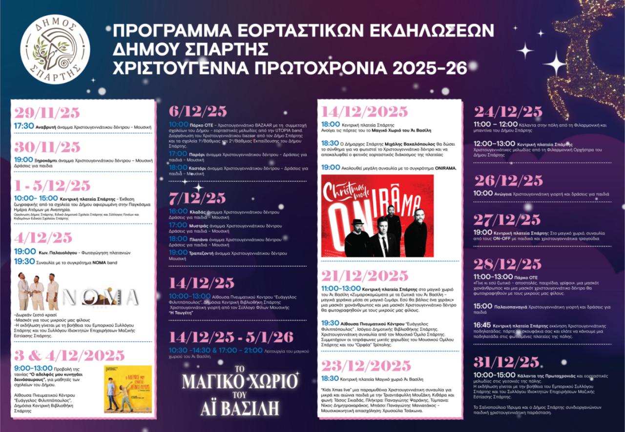 Το πνεύμα των Χριστουγέννων έρχεται στον Δήμο Σπάρτης – Το πλήρες πρόγραμμα των εορταστικών εκδηλώσεων
